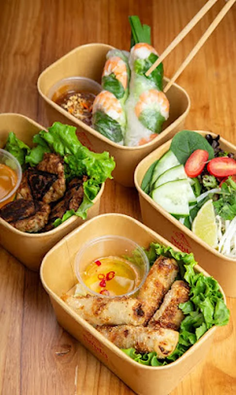 Summer Rolls - Gỏi Cuốn Fresh summer rolls gỏi cuốn with salad and grilled chicken bowls from Nón Lá Express